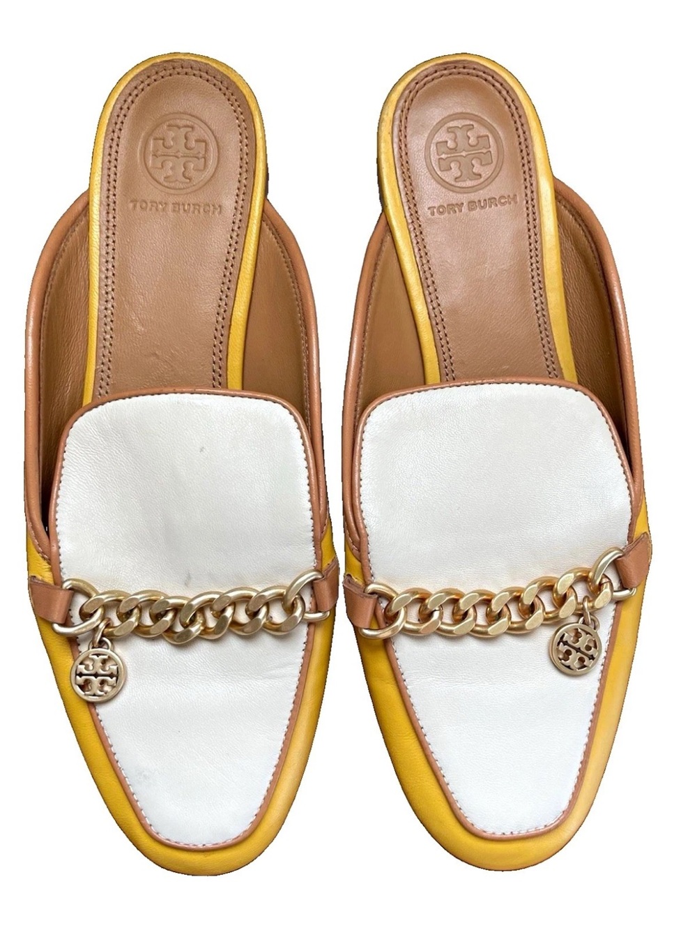 Tory Burch White Leather Mules with Yellow Trim & Gold Chain Mini Benton